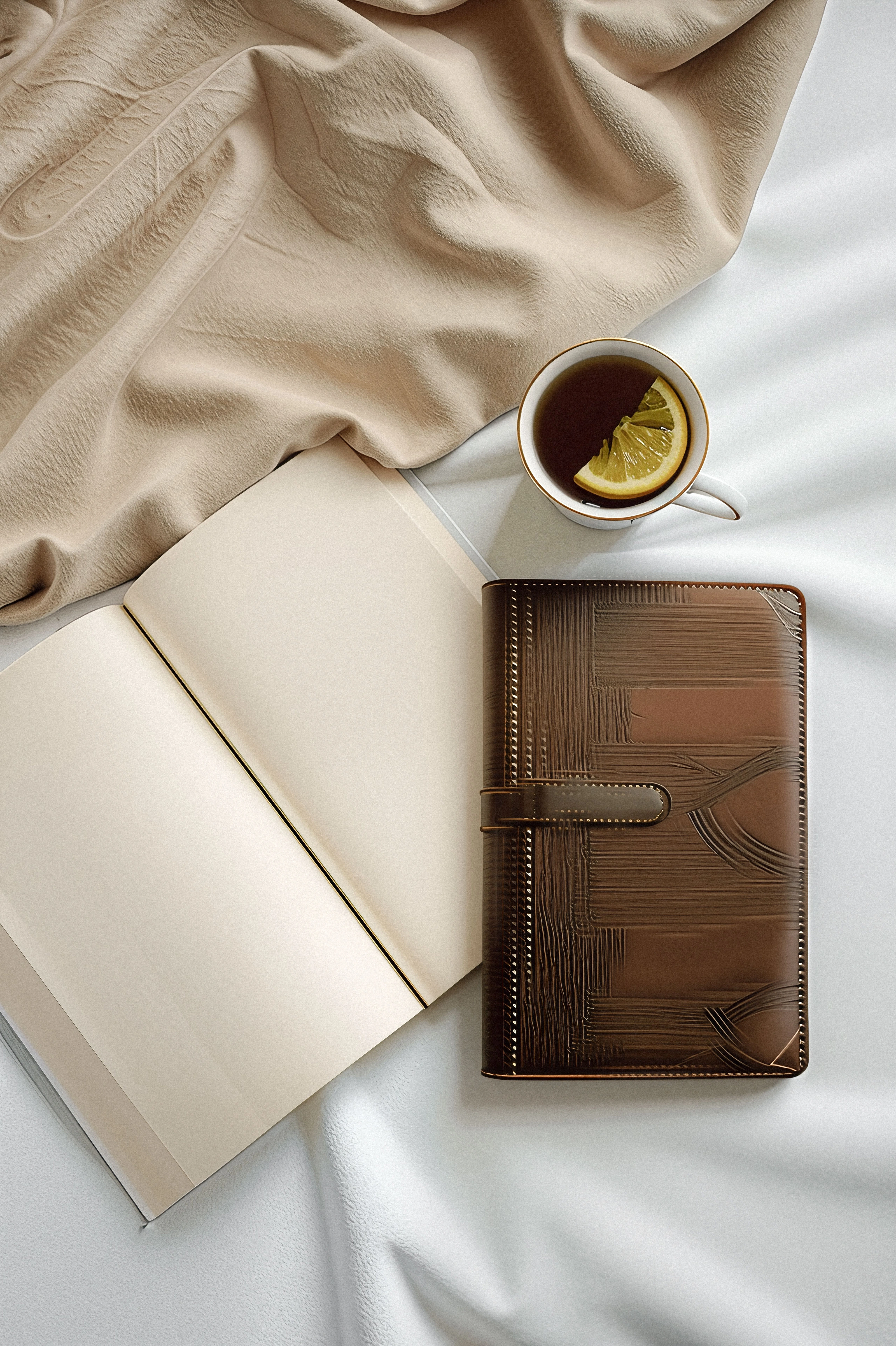 Notebook and tea representing calm planning and organisation