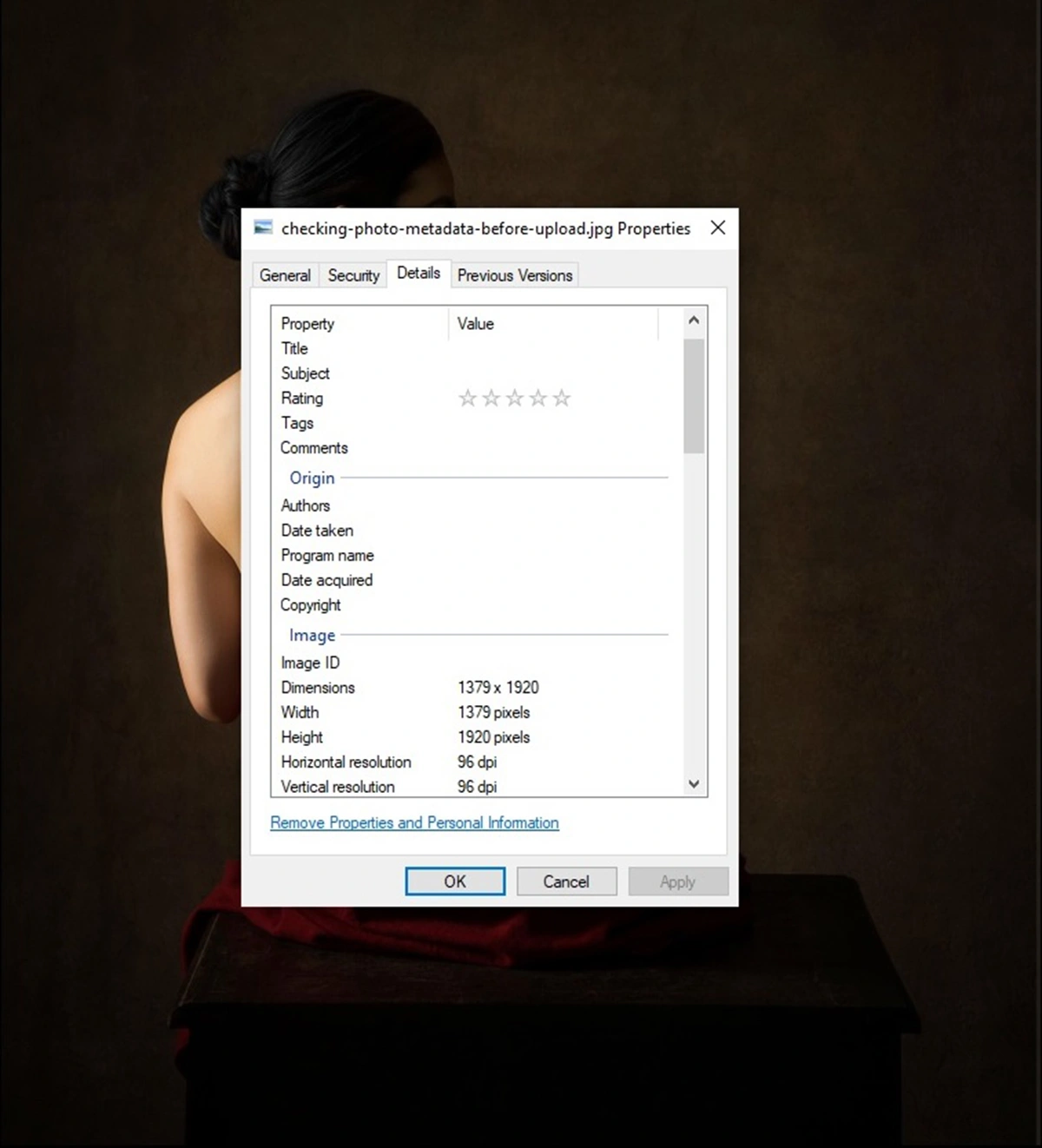 Checking image metadata before uploading content online