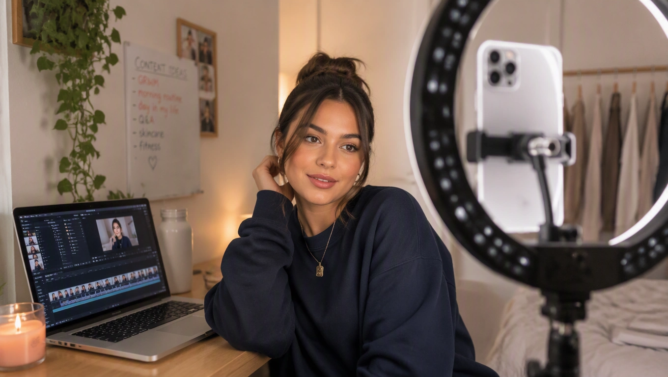 Content creator recording a short social media video with a smartphone