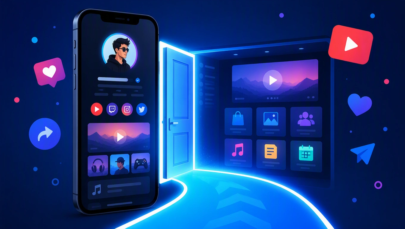 Conceptual illustration of a smartphone displaying a clean creator profile with an open digital door symbolizing a frictionless conversion journey