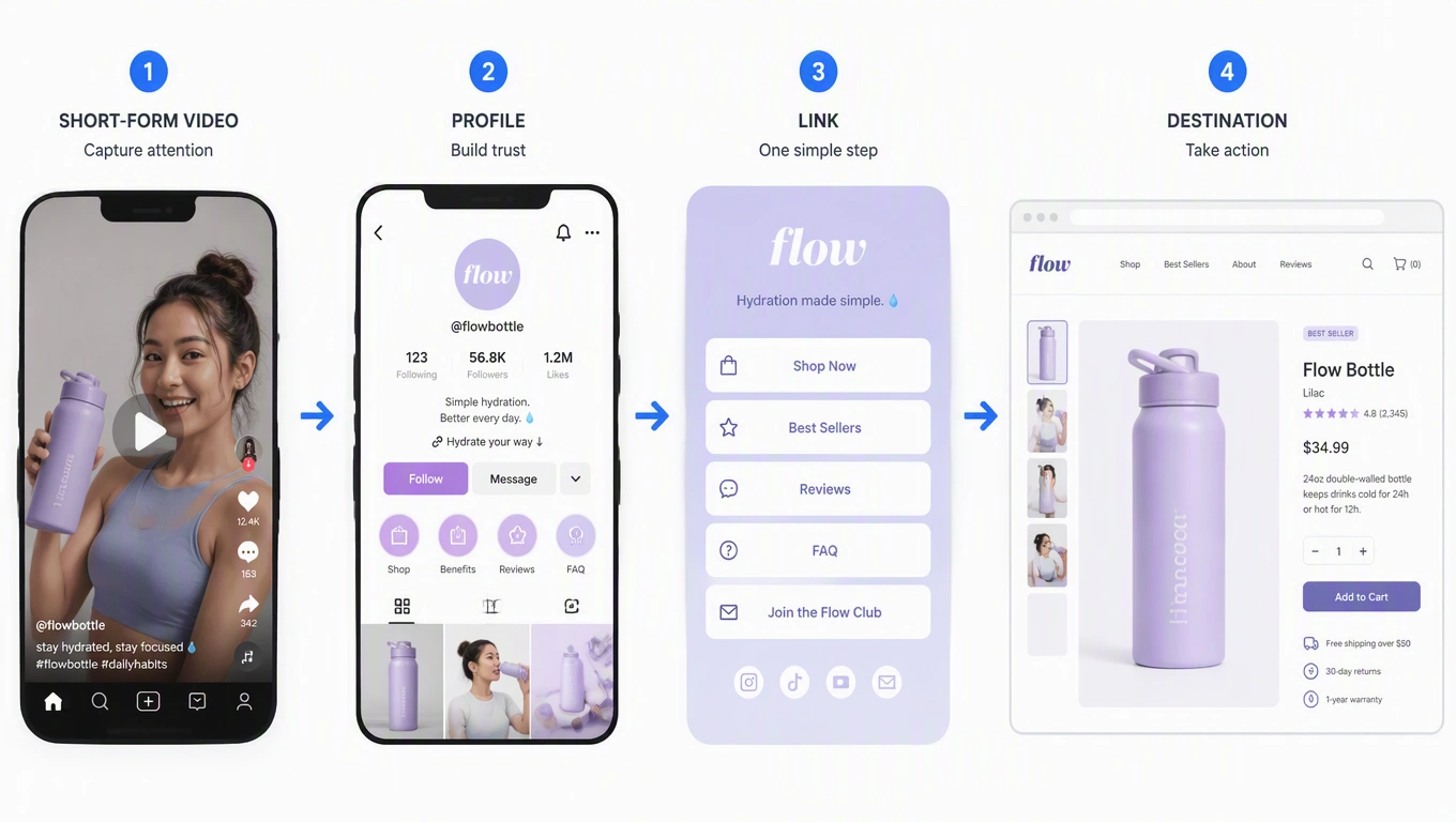 Illustration showing the journey from a Facebook Reel through a creator profile and link to a final destination
