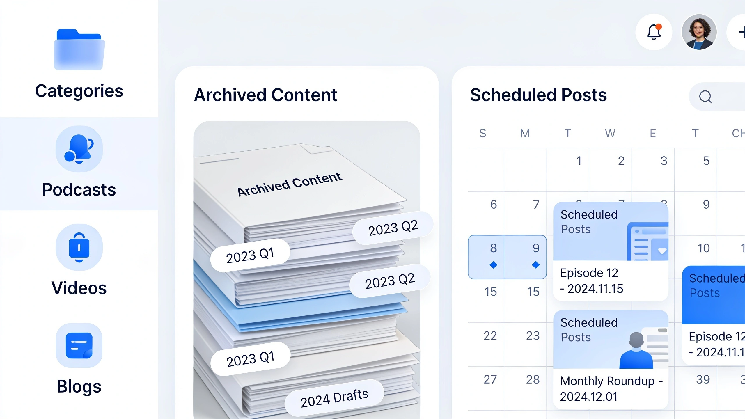 Organised digital content library showing categories, archived material and scheduled creator content