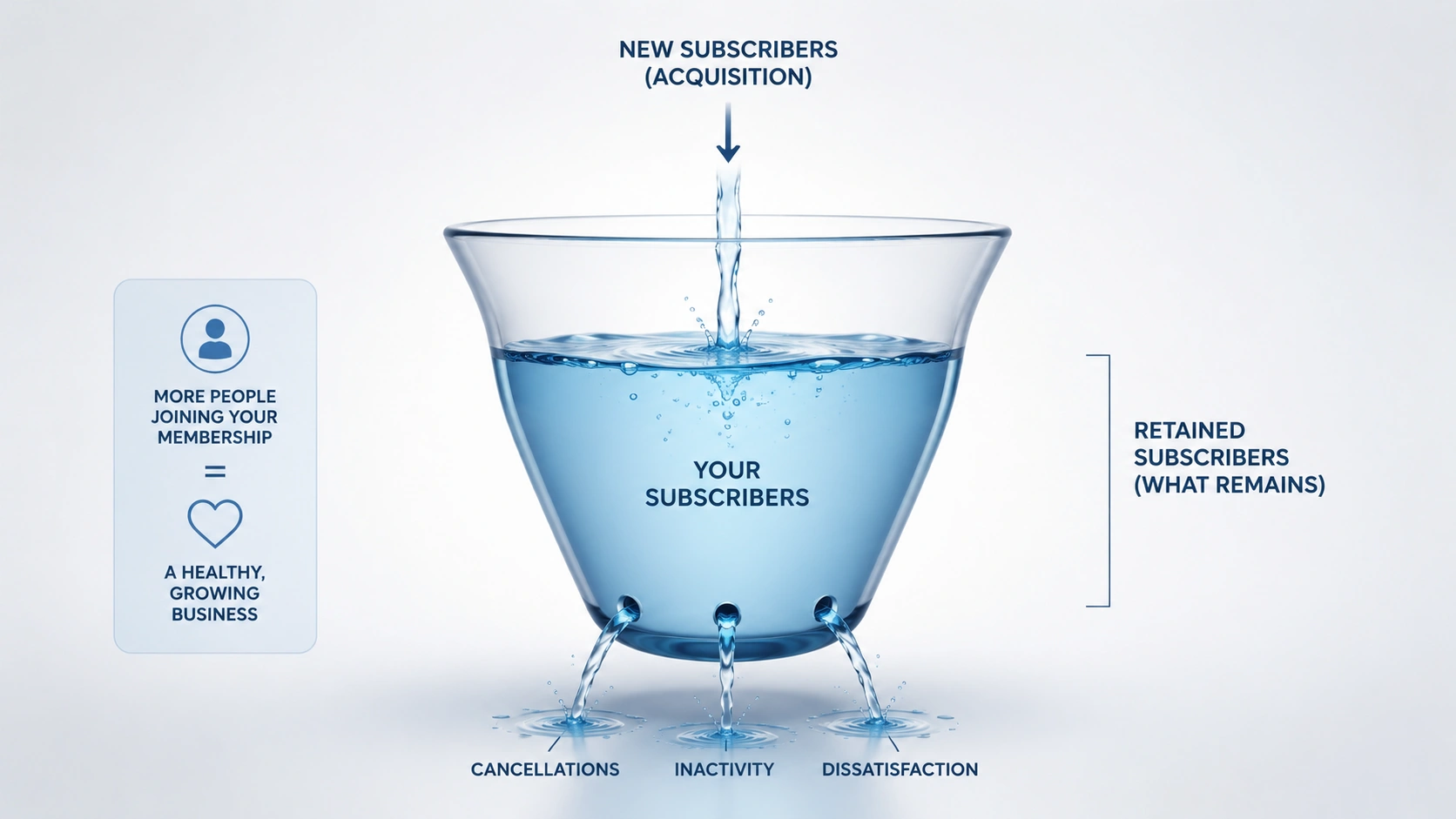Conceptual illustration of new subscribers entering a creator business while existing subscribers leave