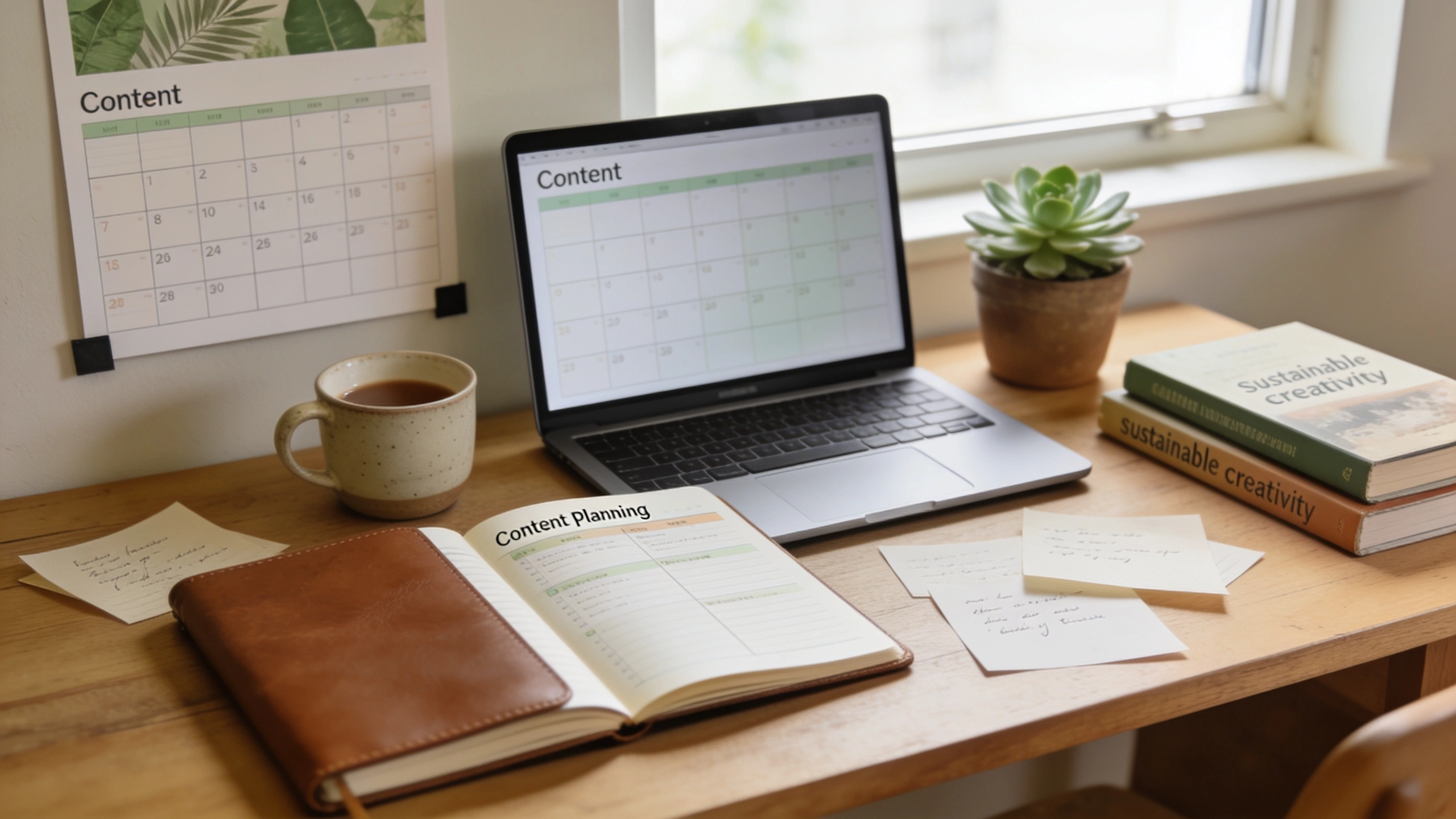 Calm creator workspace showing a balanced content planning and working routine